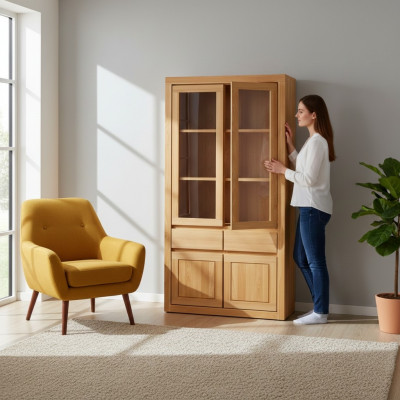 Modern Vitrinn Vitrinneschaf Handaarbecht Vollholz Schief Massiv Holz Eech