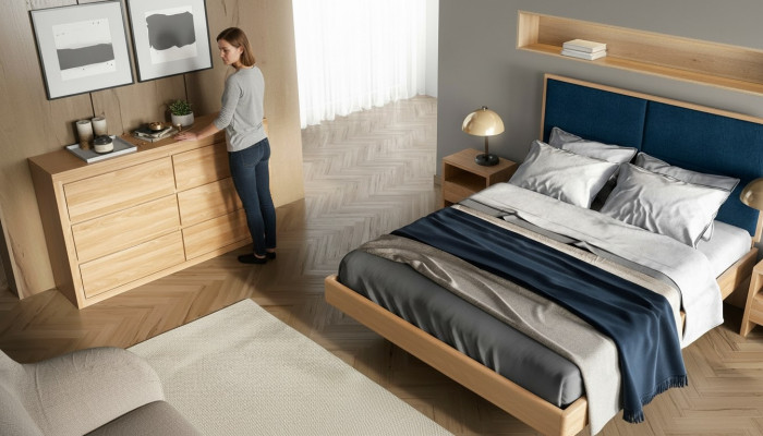 Schlofkummer Set 4-Stéck Set Bett 2x Nuetsdëscher Kommode Massiv Holz Garnitur Nei
