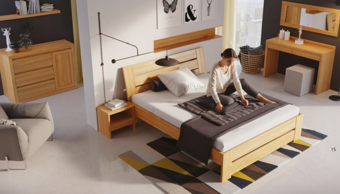 Schlofzëmmer Miwwelen 3-Deeler Set Bett Massivholz Nuetsdëscher 2x Richtegt Holz