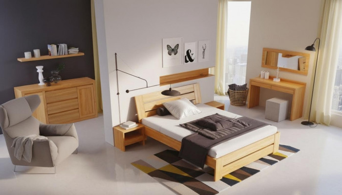 Schlofzëmmer Miwwelen 3-Deeler Set Bett Massivholz Nuetsdëscher 2x Richtegt Holz