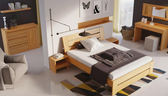 Schlofzëmmer Set 5tlg. Bett 2x Nuetsdësch + Schminktësch Spigel Vollholz Miwwelen Nei