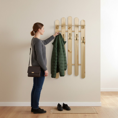 Handgemaachte Wandgarderobe aus Massivkieferholz Kleederschaf mat 5 Haken