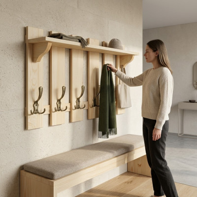 Garderobepaneel 70x40 cm Mauer-Garderob Garderob Kiefer massiv 6 Haken