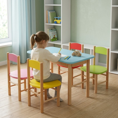 Stull Set Kannerzëmmer Sëtzgarni Mat Echt Holz Massiv 5tlg. Sëtzgrupp Dësch