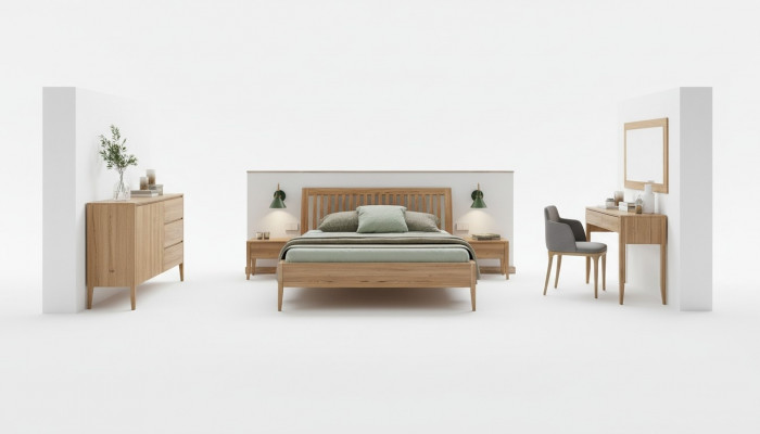 Echtes Holz Schlofzëmmer 6 Deeler Set 2x Nuetsdësch Schminktisch Kommode Spigel