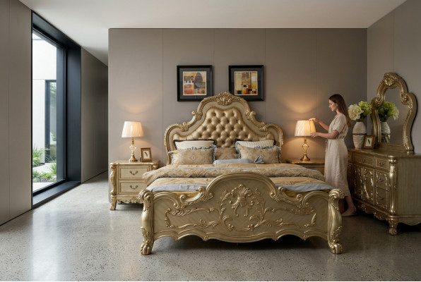 Bett + 2x Nuetsdësch 3 tlg. Schlofzëmmer Set Designer Luxus Schlofzëmmer Barock