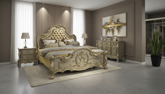 Bett + 2x Nuetsdësch 3 tlg. Schlofzëmmer Set Designer Luxus Schlofzëmmer Barock