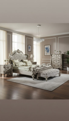 Bett 2x Nuetsdësch 3 Stéck Schlofzëmmer Set Design Luxus Better Chesterfield