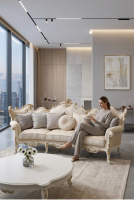 Exklusiv aus Holz geschnëtzte Véiersëtzer XXL Canapé Barock Rokoko Textil Canapé Ronn
