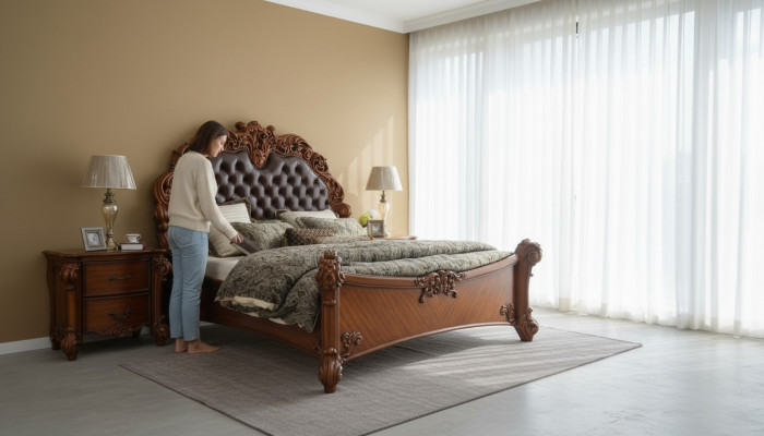 Schlofzëmmer Set Bett + 2x Nuetsdësch Chesterfield Holz Lieder Better Polster