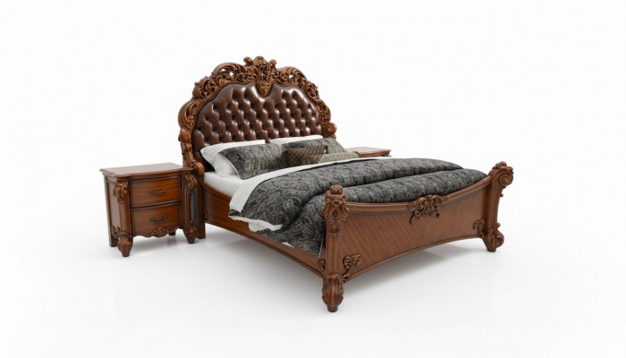 Schlofzëmmer Set Bett + 2x Nuetsdësch Chesterfield Holz Lieder Better Polster