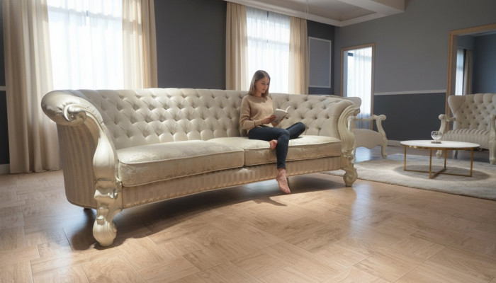 Sofa 4-Sëtz Canapé Design Gestofftéiert Chesterfield Sëtz Garnitur Lieder Textil