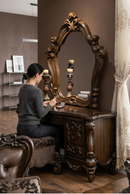 Handgeschnëtzte Barock Still Möbelen Schminktisch Hocker Spigel Schlofkummer Kommode 3-Stéck-Set