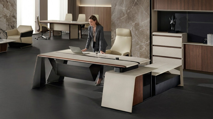 Design Büro Schreifdësch Dësch Fotell Ariichtung Ecktësch mat Stull 2tlg.