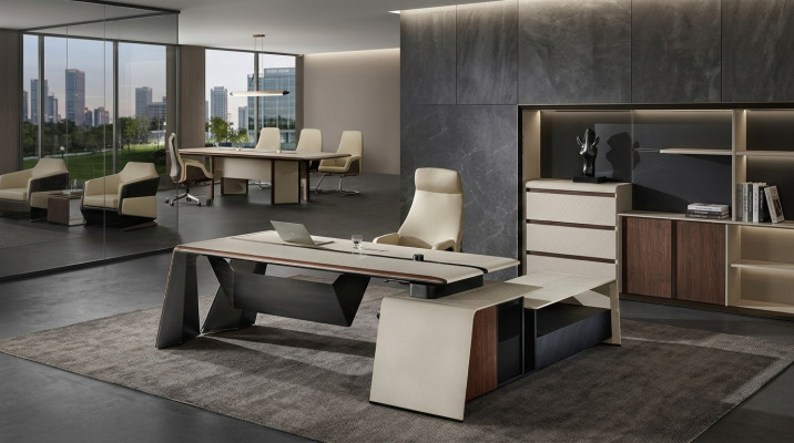 Design Büro Schreifdësch Dësch Fotell Ariichtung Ecktësch mat Stull 2tlg.