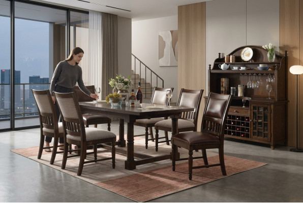 Iesszëmmer Set Iessdësch 6 Stull Kommode Dëscher Holz Design Grupp Garnitur 9 Deeler