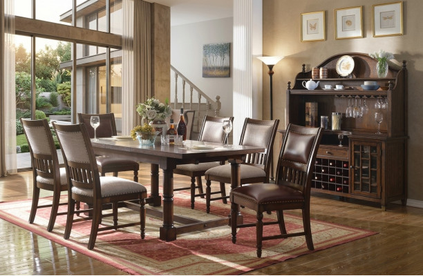 Iesszëmmer Set Iessdësch 6 Stull Kommode Dëscher Holz Design Grupp Garnitur 9 Deeler