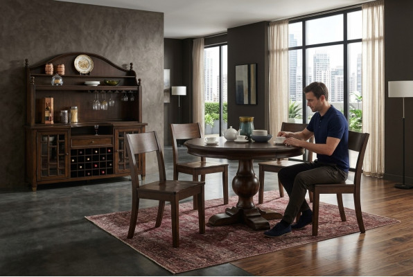 Design Ronn Dësch 4x Stull Iess Raum Sëtz Ronn Dëscher Garnitur Holz 5-Stéck Set