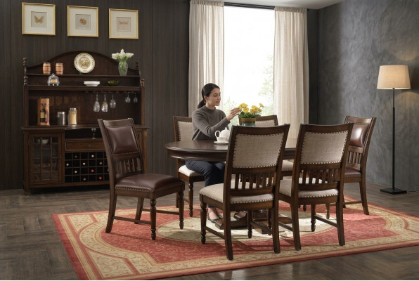 Hëlz Design-Esszëmmer-Set fir d'Wunnzëmmer Dësch 6x Stull-Set gepolstert 7 Stéck.