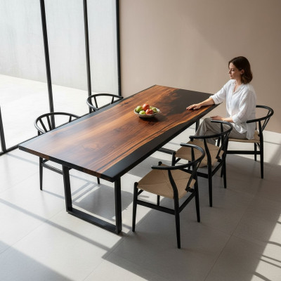 Iessdësch River Table Eechent Holz Flossdësch Massiv Epoxyharz Dëscher
