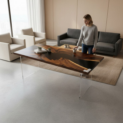 Epoxyharz Iessdësch Eechte Holz Massiv Miwwelen Waasserfall Epoxy Dësch