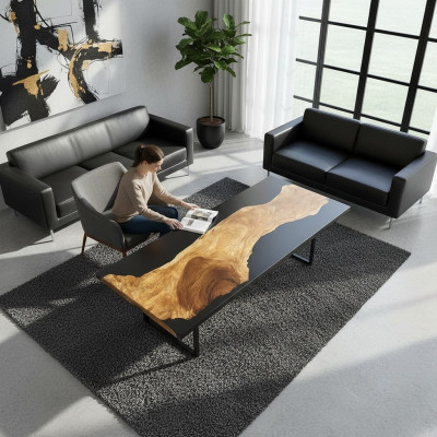 Dësch Epoxid Harz Iessdësch Eechte Holz Massiv Miwwelen Waasserfall Epoxy
