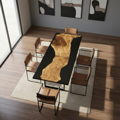 Dësch Epoxid Harz Iessdësch Eechte Holz Massiv Miwwelen Waasserfall Epoxy