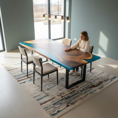 Iessen Dësch River Table Massiv Dëscher 221x101 Flosstisch Epoxidharz Mier
