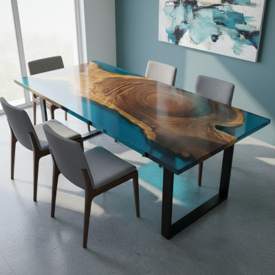 Iessen Dësch River Table Massiv Dëscher 221x101 Flosstisch Epoxidharz Mier