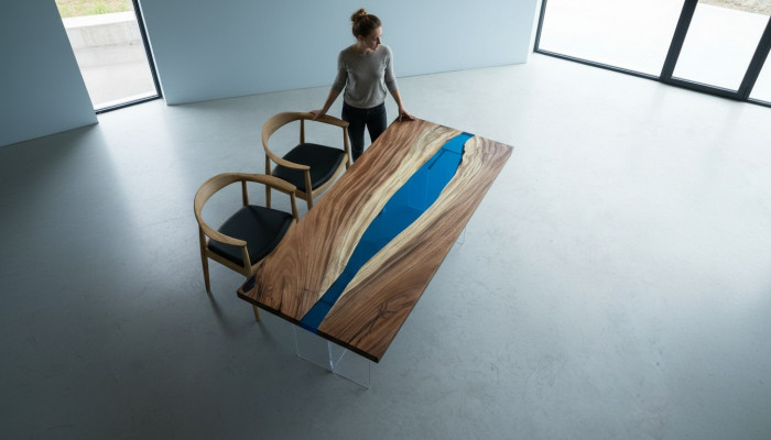 Iessdësch River Table Massiv Dëscher 185x85cm Flossdësch Epoxyharz Mier