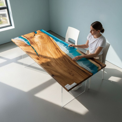 Iessdësch River Table Echt Holz Flosstësch Massiv Epoxyharz Deko Dëscher