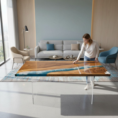 Iessdësch River Table Eechte Holz Massiv Epoxidharz Dëscher 161x81 Nei