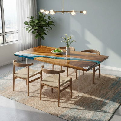 Iessdësch River Table Eechte Holz Massiv Epoxidharz Dëscher 161x81 Nei