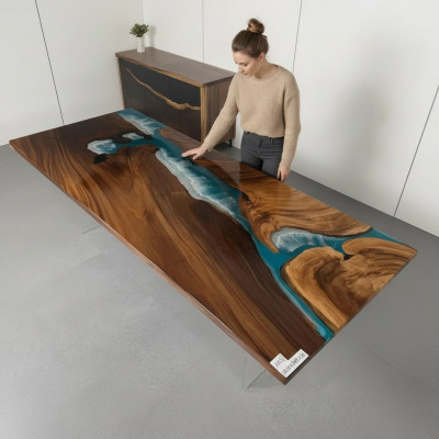 Epoxidharz Lafdësch Eechte Massivholz Blo Waassertësch Epoxy