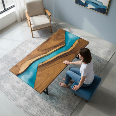 Luxus Dëscher Echt Holz Epoxidharz Floss Dësch Schwaarz Waasser Epoxy
