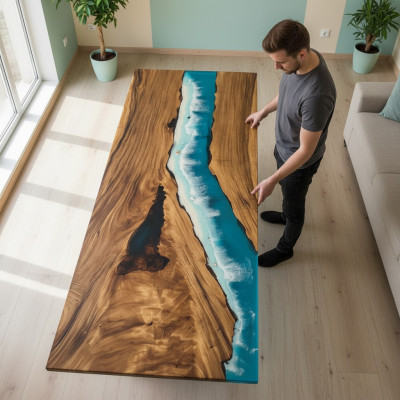 Modern Dëscher Iessdësch Design Dësch Harz Mier Floss Miwwelen 240x90
