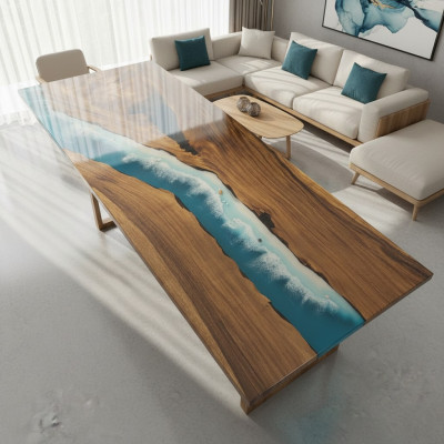 Modern Dëscher Iessdësch Design Dësch Harz Mier Floss Miwwelen 240x90