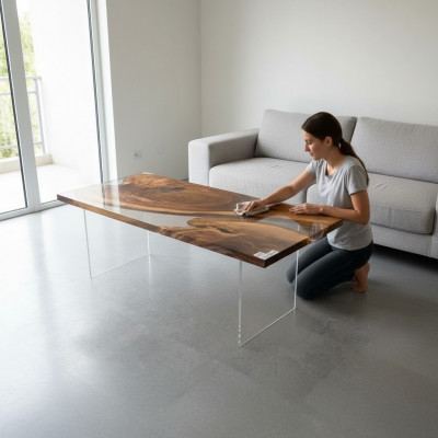 Iessdësch Epoxy Harz Echt Holz Massiv Miwwelen Waasserfall Epoxy Dësch