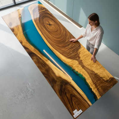 Echtholz Waasserfall Dësch Epoxidharz Iessdësch Dëscher Epoxy Massiv