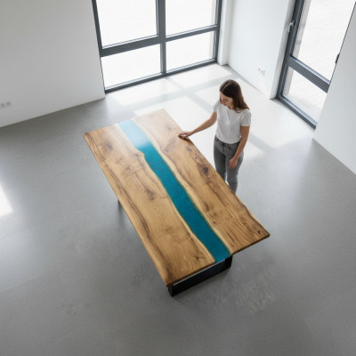 Echtes Holz Waasserfall Dësch Epoxidhars Dëscher Iessdësch Epoxy Massiv