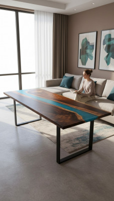 Modern Dëscher Iessdësch Design Dësch Harz Mier Floss Miwwelen 220x90