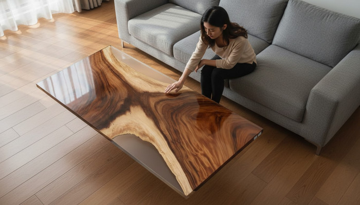 Iessdësch Mier Waasser Floss Eechte Holz Flossdësch 180x80 Dëscher Epoxidharz Nei
