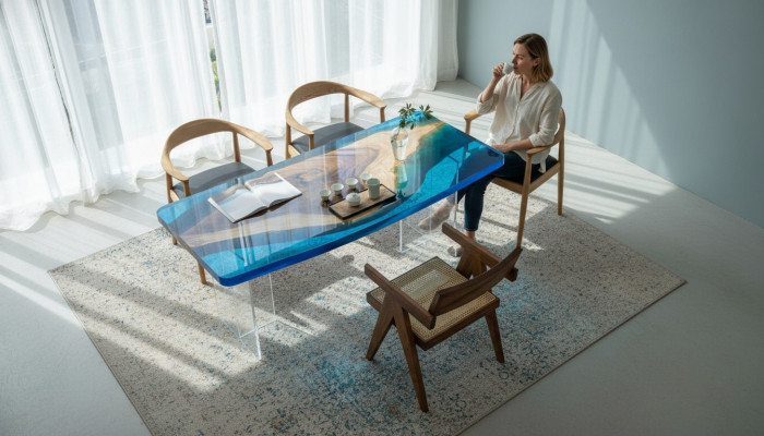 Iessdësch Blue River Table Echt Holz 200x90 Dëscher Epoxidharz Nei