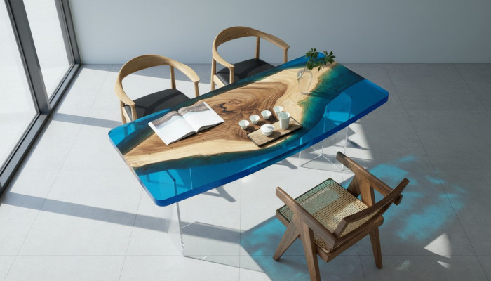 Iessdësch Blue River Table Echt Holz 200x90 Dëscher Epoxidharz Nei