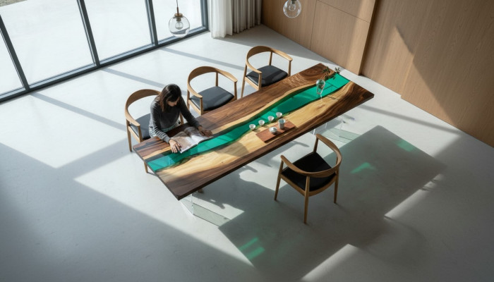 Epoxidharz Iessdësch River Table Echt Holz Massiv Dëscher 220x90