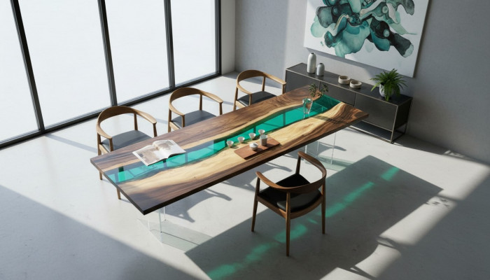 Epoxidharz Iessdësch River Table Echt Holz Massiv Dëscher 220x90