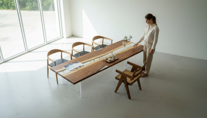 Iessdësch River Table Massiv Stillen 220x80 Flossdësch Mier Waasserfall