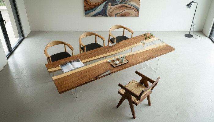 Iessdësch River Table Massiv Stillen 220x80 Flossdësch Mier Waasserfall