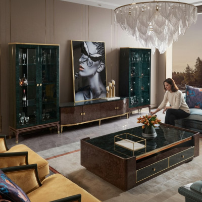 Design Wunnwand Sideboard 2x Vitrinën RTV Lowboard Anrichte 3-deel. Set