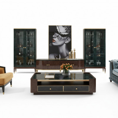 Design Wunnwand Sideboard 2x Vitrinën RTV Lowboard Anrichte 3-deel. Set